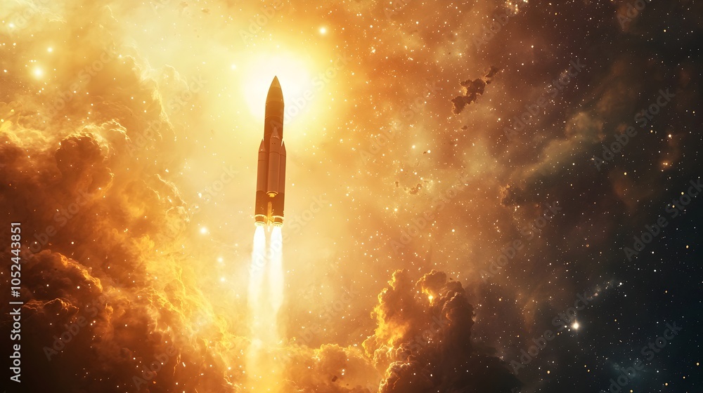 Poster rocket soaring toward a binary star system through glowing cosmic clouds