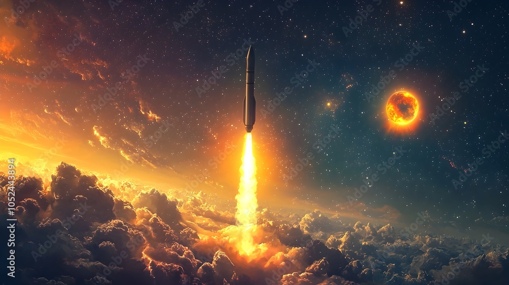 Poster rocket soaring toward binary star system with glowing cosmic clouds