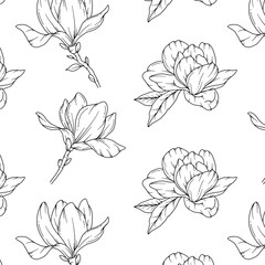 Hand Drawn magnolia Background. Magnolia Seamless Pattern Trendy graphics. Magnolia Line Art. Spring flowers seamless pattern. Magnolia pattern for luxury wallpapers, textile, wedding invitations