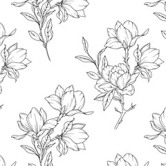 Hand Drawn magnolia Background. Magnolia Seamless Pattern Trendy graphics. Magnolia Line Art. Spring flowers seamless pattern. Magnolia pattern for luxury wallpapers, textile, wedding invitations, car
