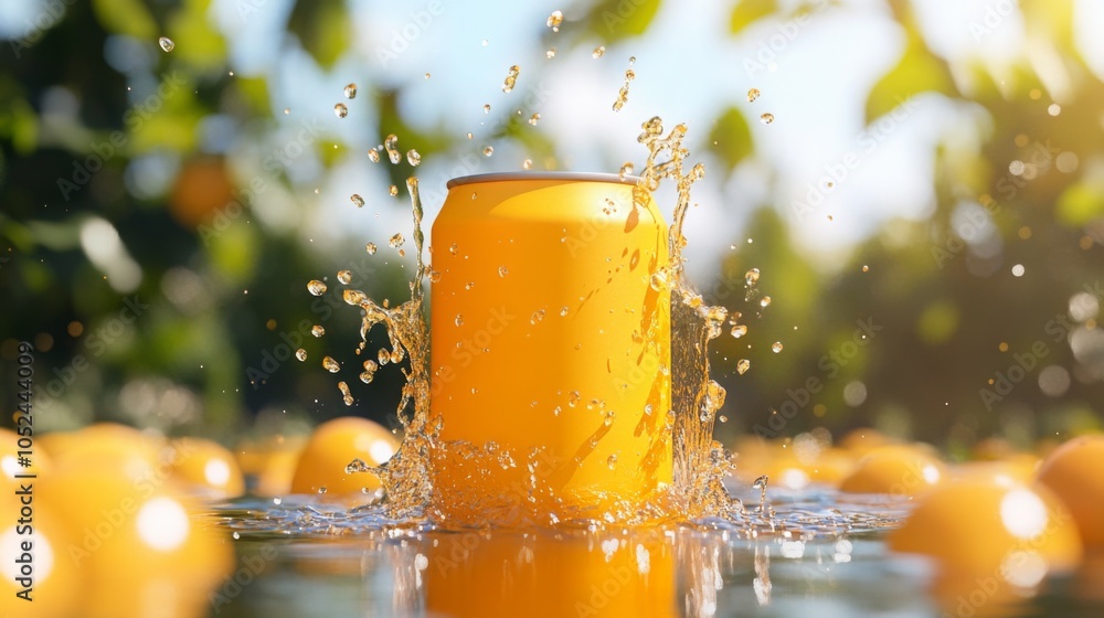 Poster a vibrant yellow can sinks into clear water while orange fruits float around it under a sunny sky. t