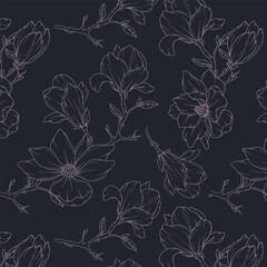 Hand Drawn magnolia Background. Magnolia Seamless Pattern Trendy graphics. Magnolia Line Art. Spring flowers seamless pattern. Magnolia pattern for luxury wallpapers, textile, wedding invitations © Xenia