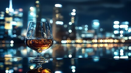 Elegant Brandy Drink Amidst Illuminated City Skyline Symbolizing Urban Luxury and Relaxation