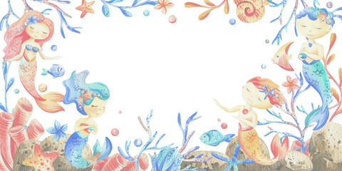 Naklejka premium Mermaid little boy and girl with sea corals, algae, shells, starfish, fish, bubbles. Watercolor illustration hand drawn in coral, turquoise and blue colors. rectangular frame template