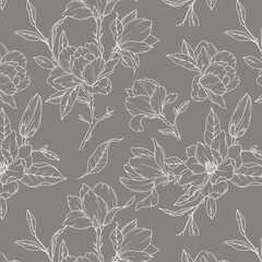 Hand Drawn magnolia Background. Magnolia Seamless Pattern Trendy graphics. Magnolia Line Art. Spring flowers seamless pattern. Magnolia pattern for luxury wallpapers, textile, wedding invitations © Xenia