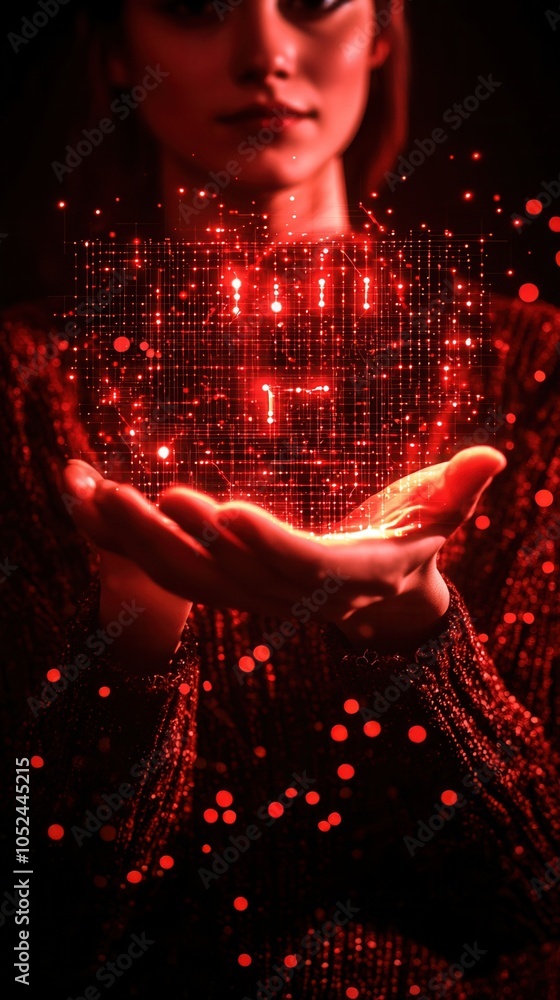 Wall mural a woman holds glowing red data, symbolizing technology and digital transformation, surrounded by a v