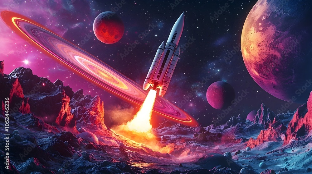Poster powerful space rocket launching from alien planet with colorful celestial backdrop