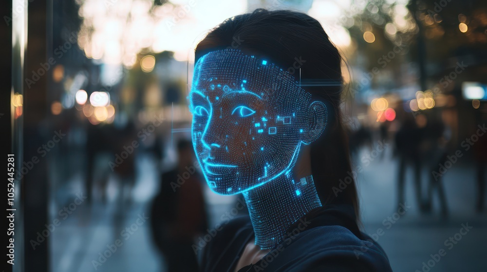 Aufkleber a digital representation of a human face with glowing data patterns in an urban setting.