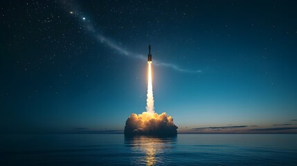 Majestic Space Rocket Launching from Floating Ocean Platform at Dusk