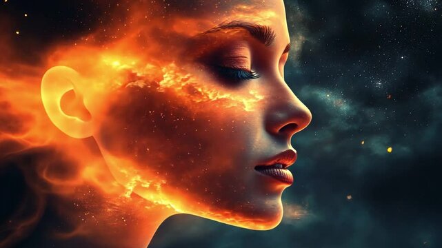 Woman profile illuminated by fiery clouds against a starry night sky, creating a surreal effect