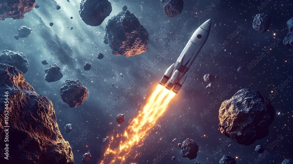 Poster space rocket navigating through asteroid belt with glowing thrusters