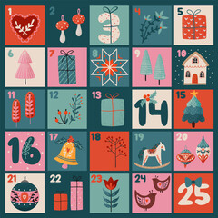 Fototapeta premium Advent calendar with cute stuff, Xmas numbers 