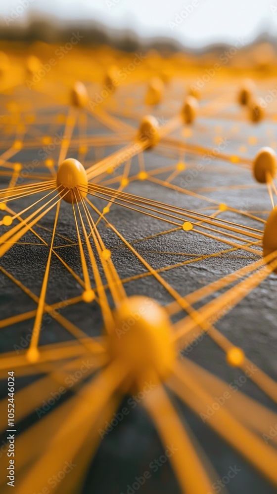 Poster abstract network design featuring interconnected nodes and vibrant yellow lines on a dark surface, s