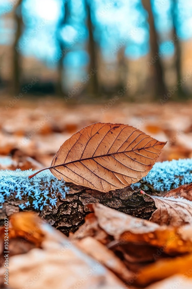 Poster close up of a frozen leaf on a tree branch in the forest in winter