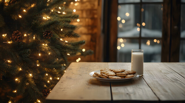 una casa adornada de navidad con un arbol iluminado con un plato de galletas y un vaso de leche para santa claus para la noche buena para navidad - Powered by Adobe