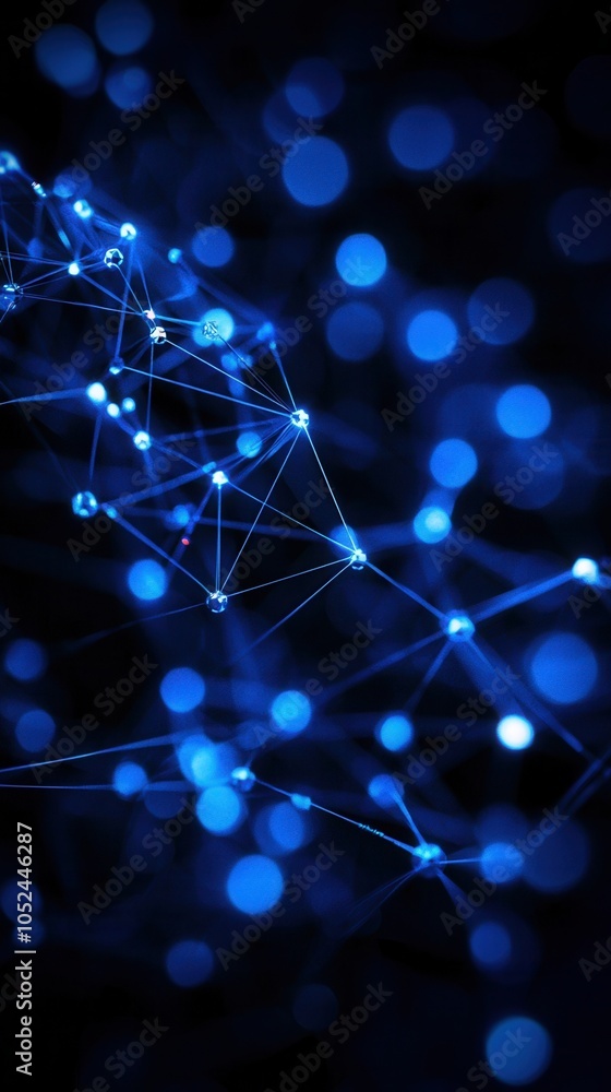 Poster abstract network of glowing blue particles connected by lines, creating a sense of depth and technol