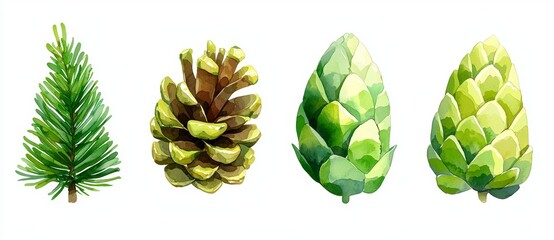 Fototapeta premium Isolated pine cones on a white background painted in watercolor. Botanical illustration of conifers. Cones of coniferous trees, forest elements.