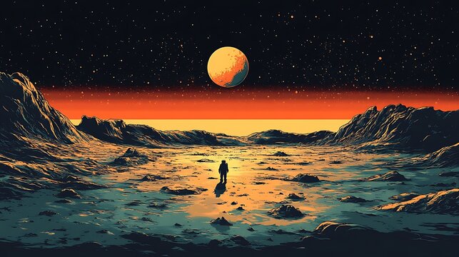 A lone figure stands on a desolate alien landscape, gazing up at a giant orange moon in a starry night sky.
