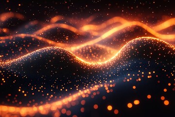 Obraz premium Abstract glowing orange particles forming wavy lines and patterns on a dark background.