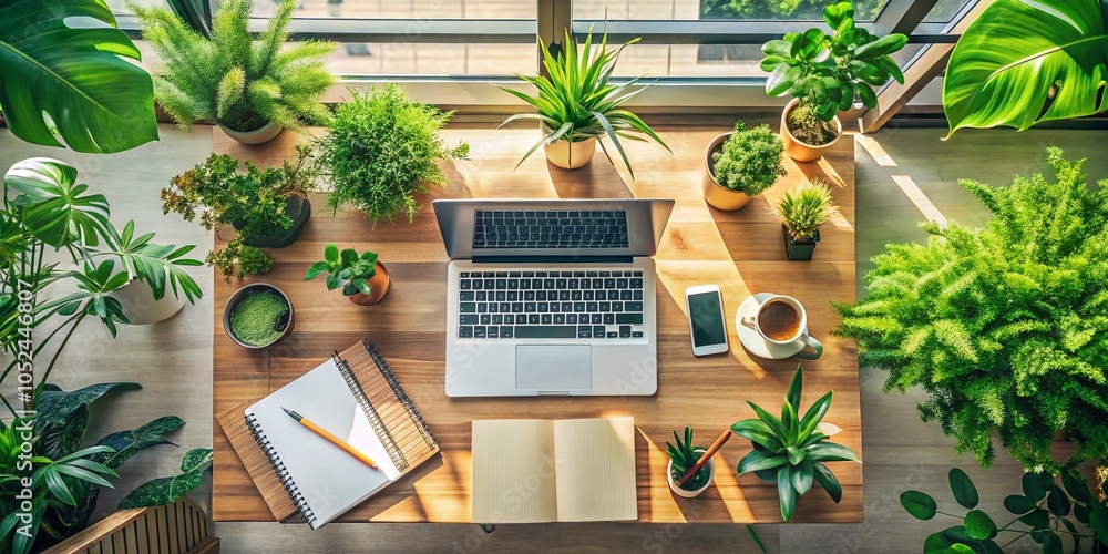 Poster neat workspace with greenery and stationery essentials for enhanced productivity and focus