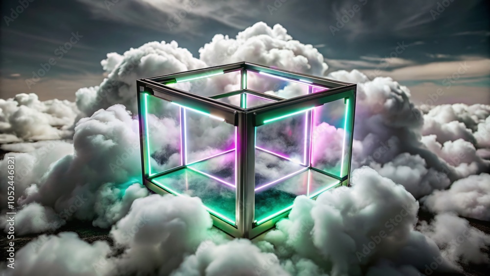 Poster neon cube in cloud - geometric graphic design element for futuristic backgrounds and abstract art