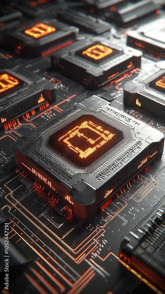 Poster Close-up view of advanced computer chips with glowing circuitry, showcasing technology and innovation in a modern digital environment.