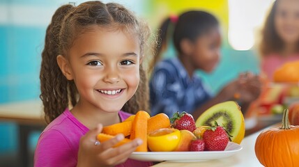 Fototapeta premium Vegetables and fruits that are ideal for school-aged children should provide essential vitamins, minerals, and fiber to promote growth, brain development, and immune support. 