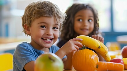 Fototapeta premium Vegetables and fruits that are ideal for school-aged children should provide essential vitamins, minerals, and fiber to promote growth, brain development, and immune support. 