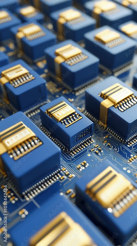Poster close-up view of intricate blue circuit boards with golden components, showcasing technology and inn