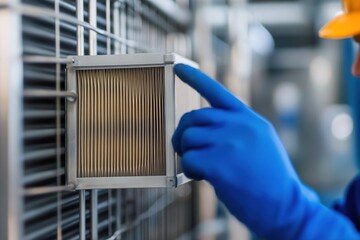 Worker checks HVAC filter for clean air at home