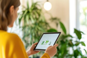 Woman using tablet to control smart home ventilation system