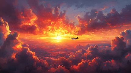 Fototapeta premium A single airplane flies through a stunning sunset sky, with vibrant orange and red clouds stretching as far as the eye can see.