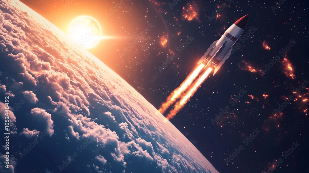Poster rocket soaring toward binary star system with glowing cosmic clouds