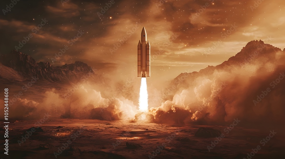 Poster rocket launching from mars like planet dust clouds swirling as engines ignite for next phase of spac
