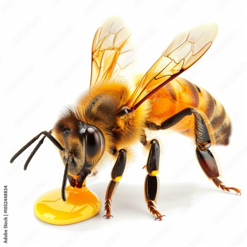 Poster close up of a bee enjoying a drop of honey on a pristine white background