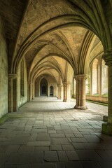 Obraz premium A serene medieval cloister corridor with stunning stone arches and ambient lighting.