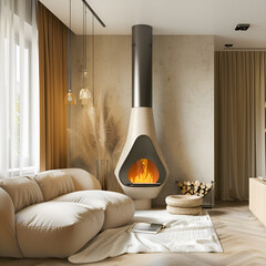 Fototapeta premium Przytulne, nowoczesne wnętrze salonu z designerskim kominkiem.