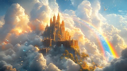 Fototapeta premium A majestic castle sits atop a mountain peak, surrounded by fluffy clouds and a vibrant rainbow.