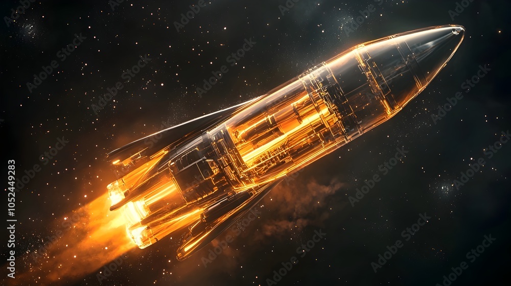 Poster futuristic rocket launching into hyperspace with glowing internals