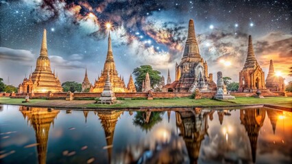 Fototapeta premium Night Photography of Ayutthaya Historical Park in Thailand - Illuminated Ruins and Scenic Landscapes
