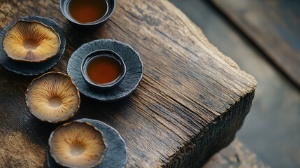 Tea Ceremony with Wooden Background and Cups