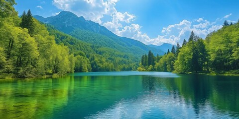 Fototapeta premium A serene lake reflecting vibrant trees and mountains, with clear blue skies above, conveying peace and nature's beauty.