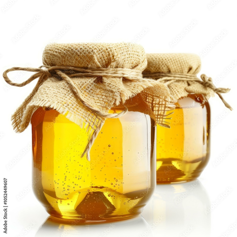 Poster two glass jars filled with golden honey and covered with rustic fabric lids are creating a sweet and