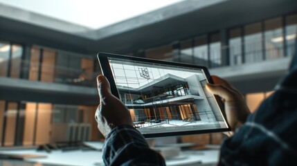 Architect using digital tablet for building information modeling