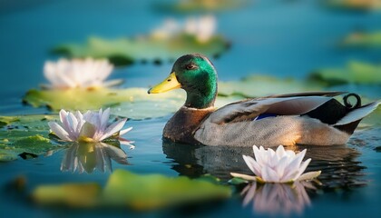 Fototapeta premium un hiper realista pato salvaje en un laguna con hojas de lirio y flores de loto