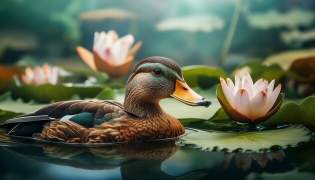 un hiper realista pato salvaje en un laguna con hojas de lirio y flores de loto