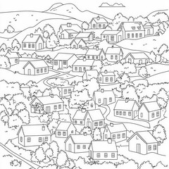Obraz premium A cozy village with cute cottages, coloring page for kids, simple outline illustration. Coloring book, simple lines.