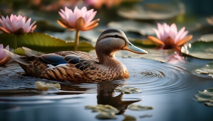 Fototapeta premium un hiper realista pato salvaje en un laguna con hojas de lirio y flores de loto