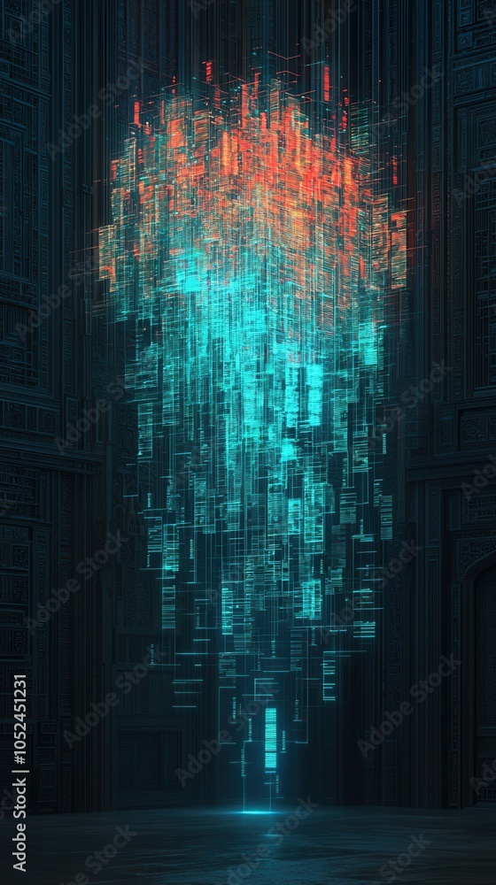 Poster intricate digital cascade with vibrant colors, creating a mesmerizing visual effect reminiscent of f