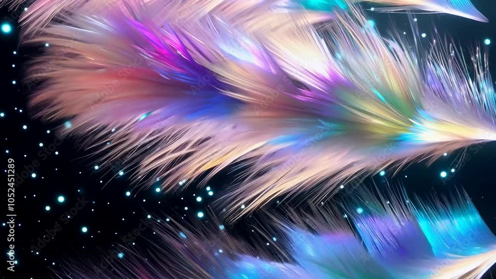 Poster floating iridescent feathers in a dark void